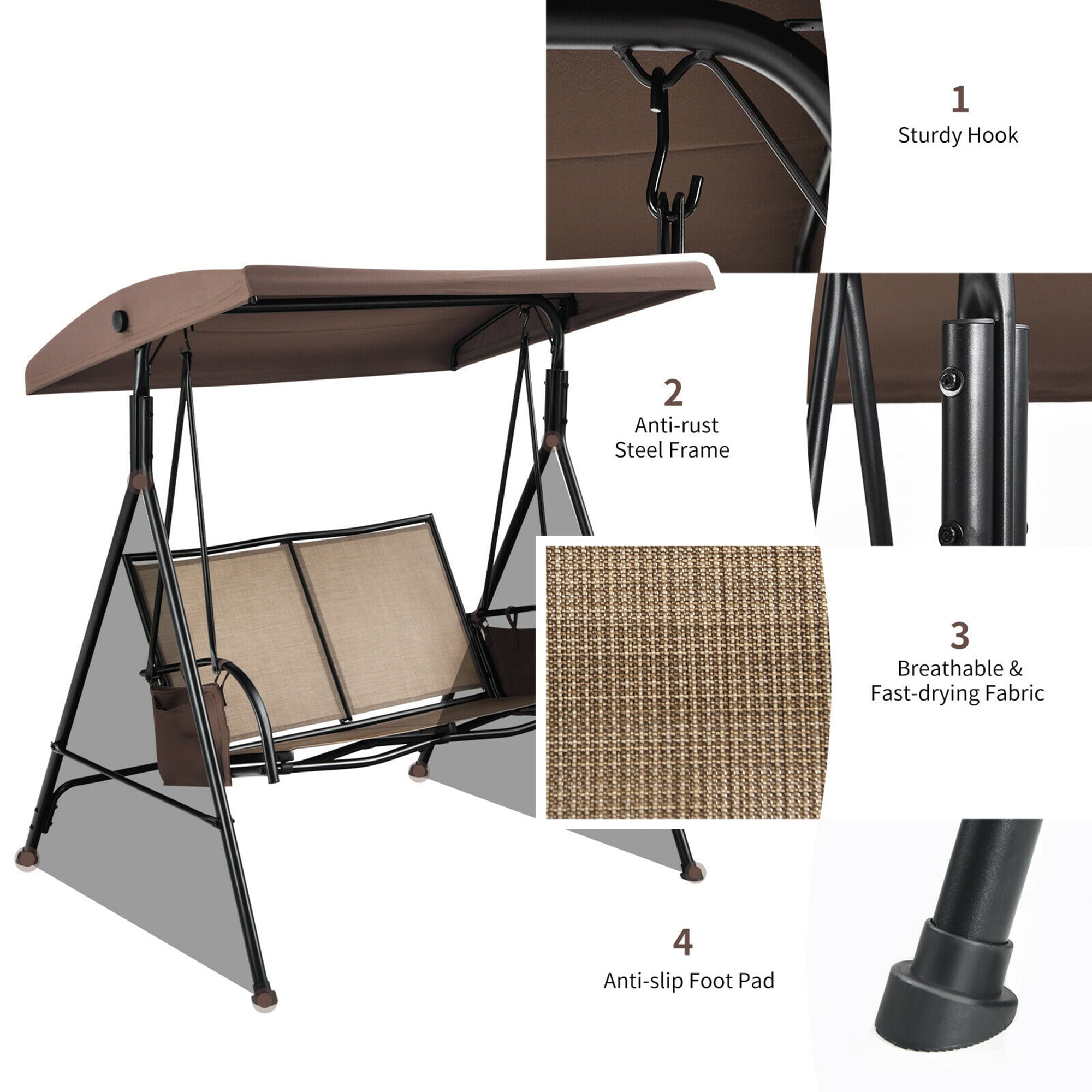 Gymax 2-Person Adjustable Canopy Swing Chair Patio Outdoor w/ 2 Storage Pockets