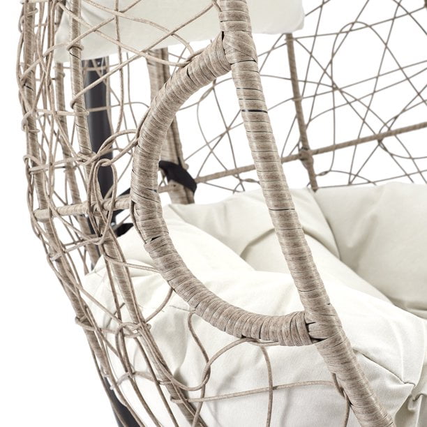 Ulax Furniture Outdoor Patio Wicker Hanging Basket Swing Chair Tear Drop Egg Chair with Cushion and Stand, Beige