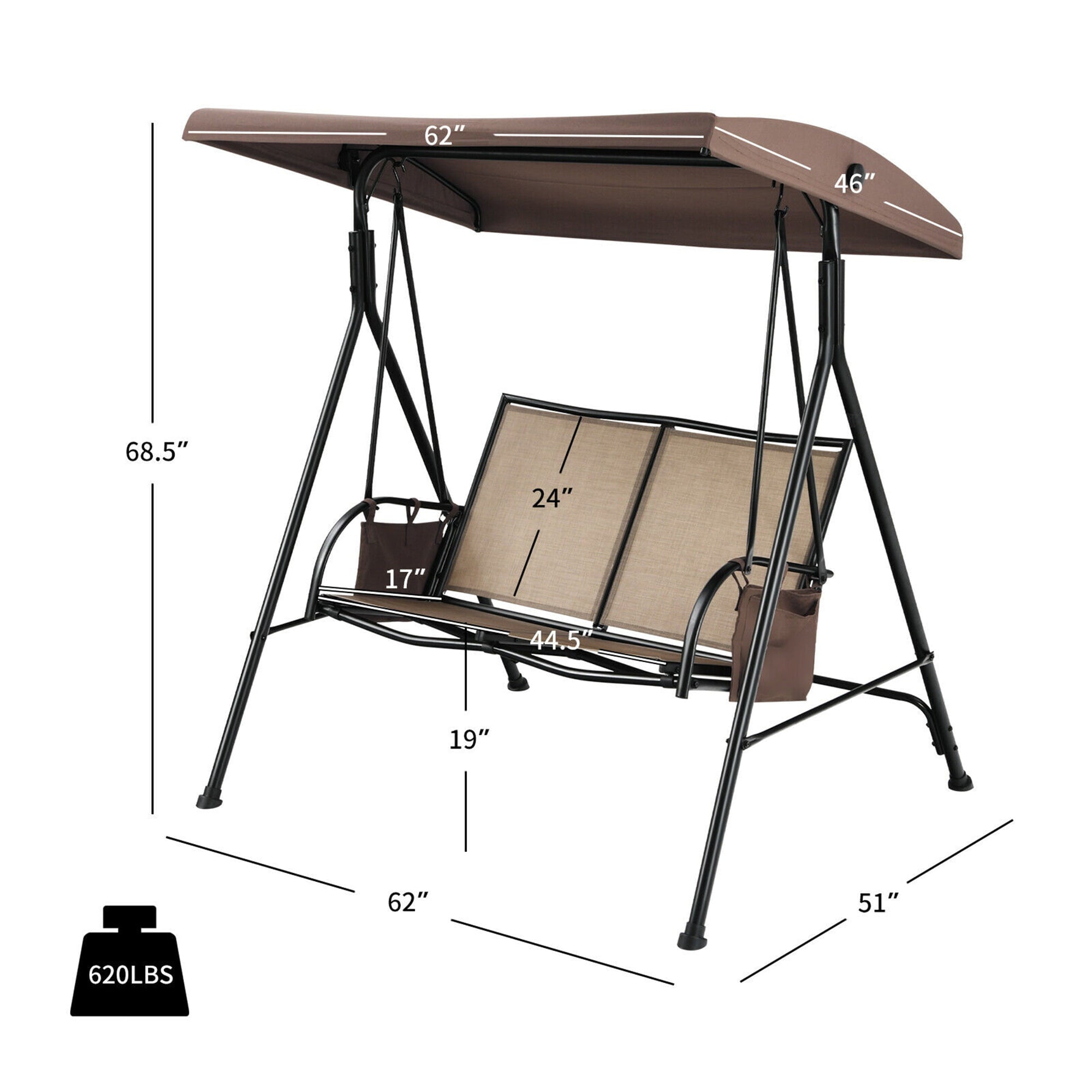 Gymax 2-Person Adjustable Canopy Swing Chair Patio Outdoor w/ 2 Storage Pockets