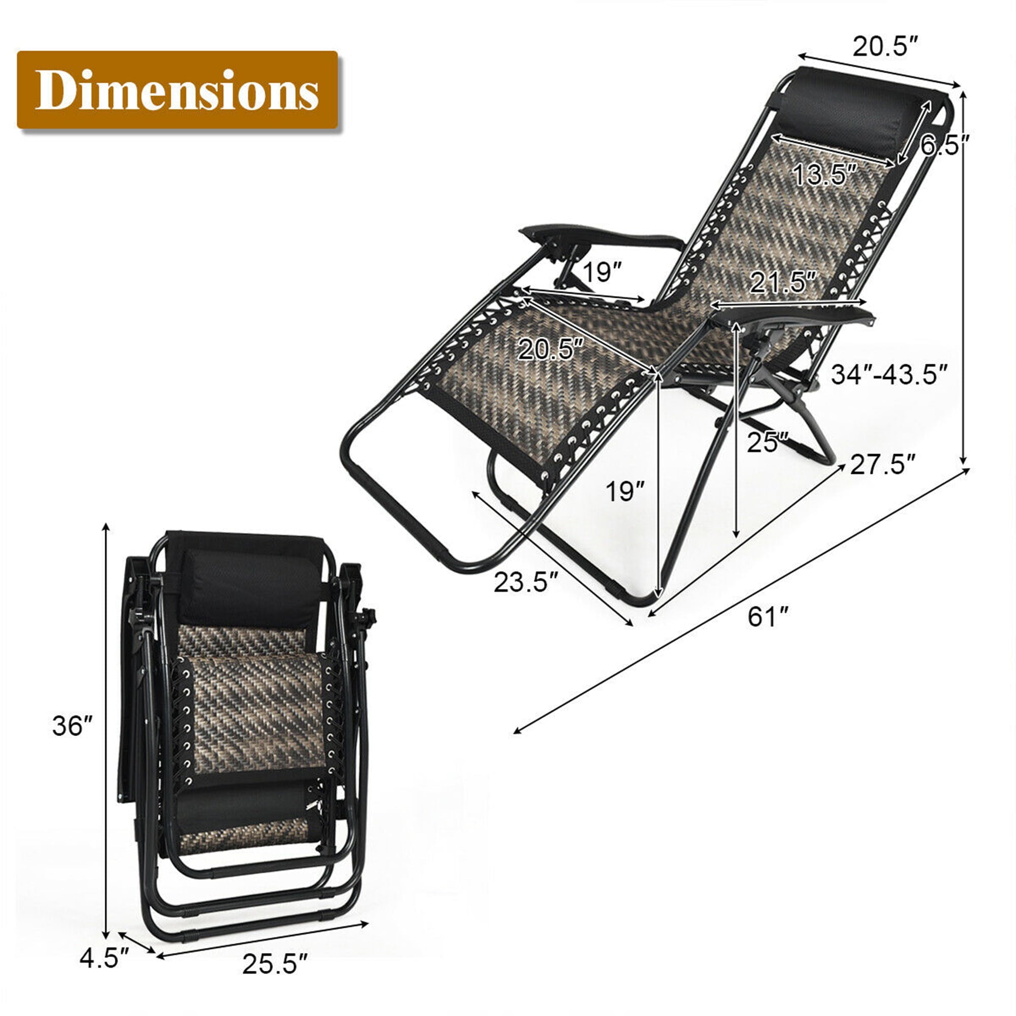Gymax Folding Rattan Patio Zero Gravity Lounge Chair Recliner with Headrest