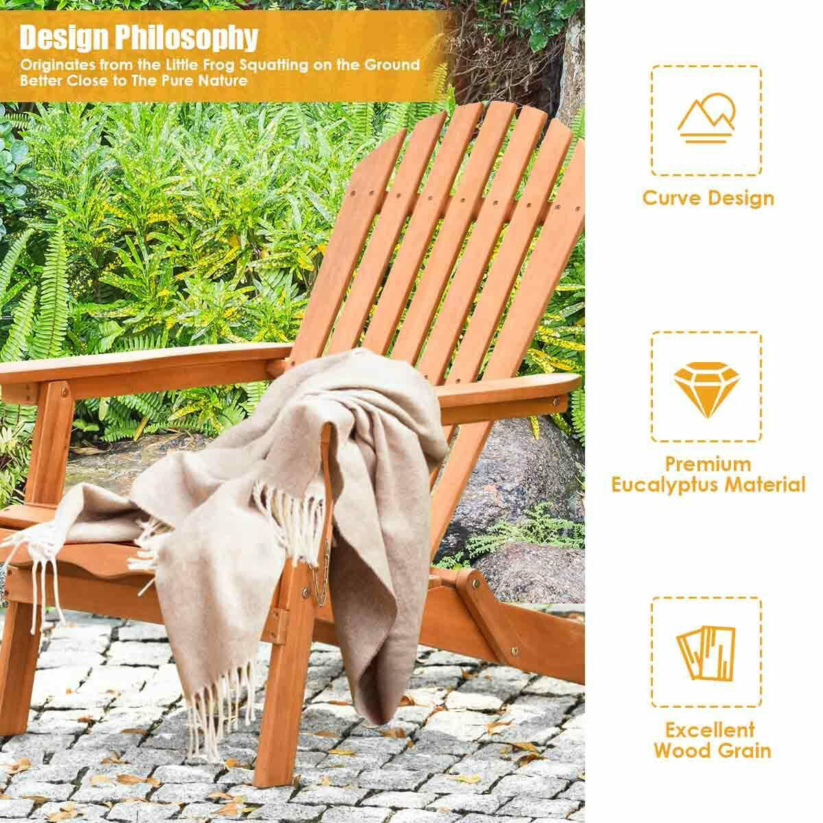 Gymax Eucalyptus Adirondack Chair Foldable Outdoor Wood Lounger Chair Natural