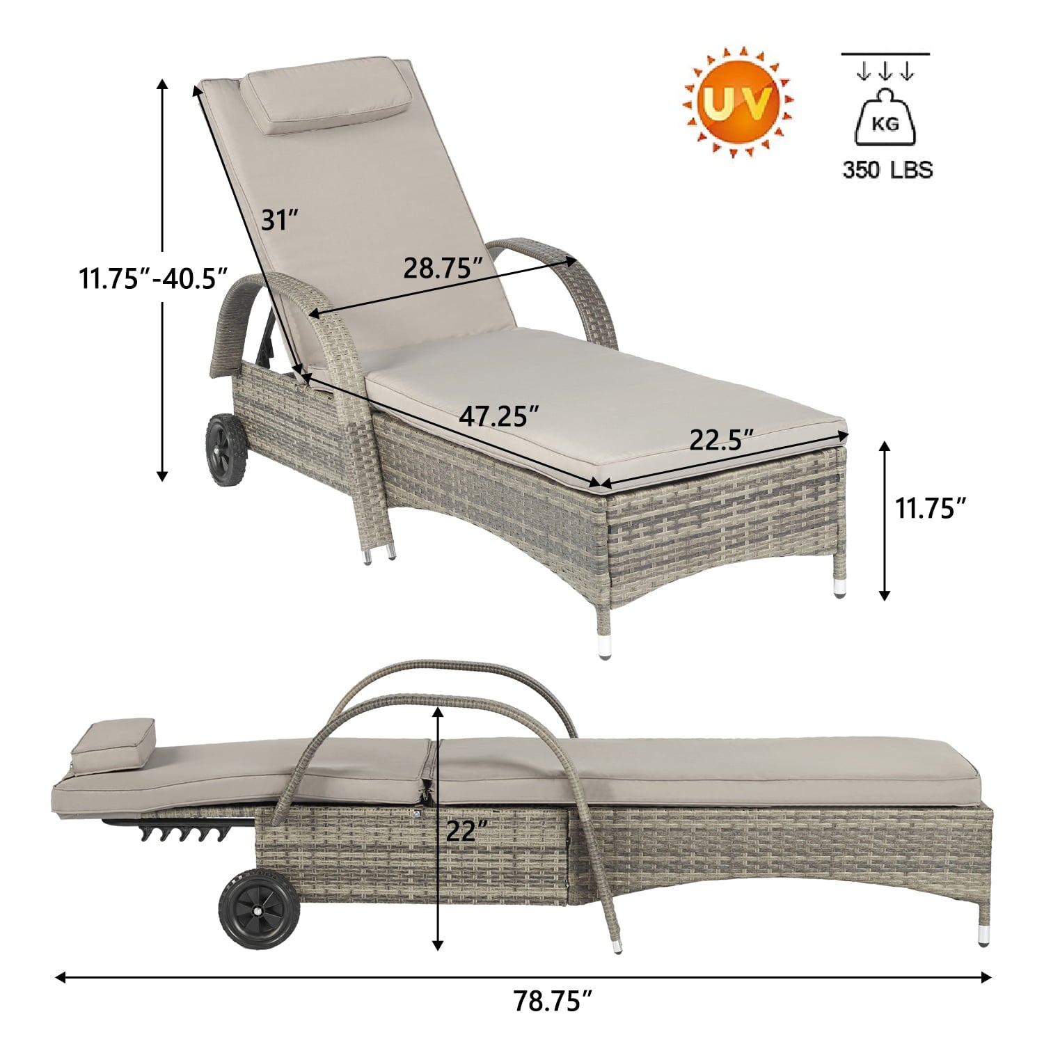 Chaise Lounge Outdoor Patio Wicker Pool Chaise Lounge Chair for Outside Recliner Grey