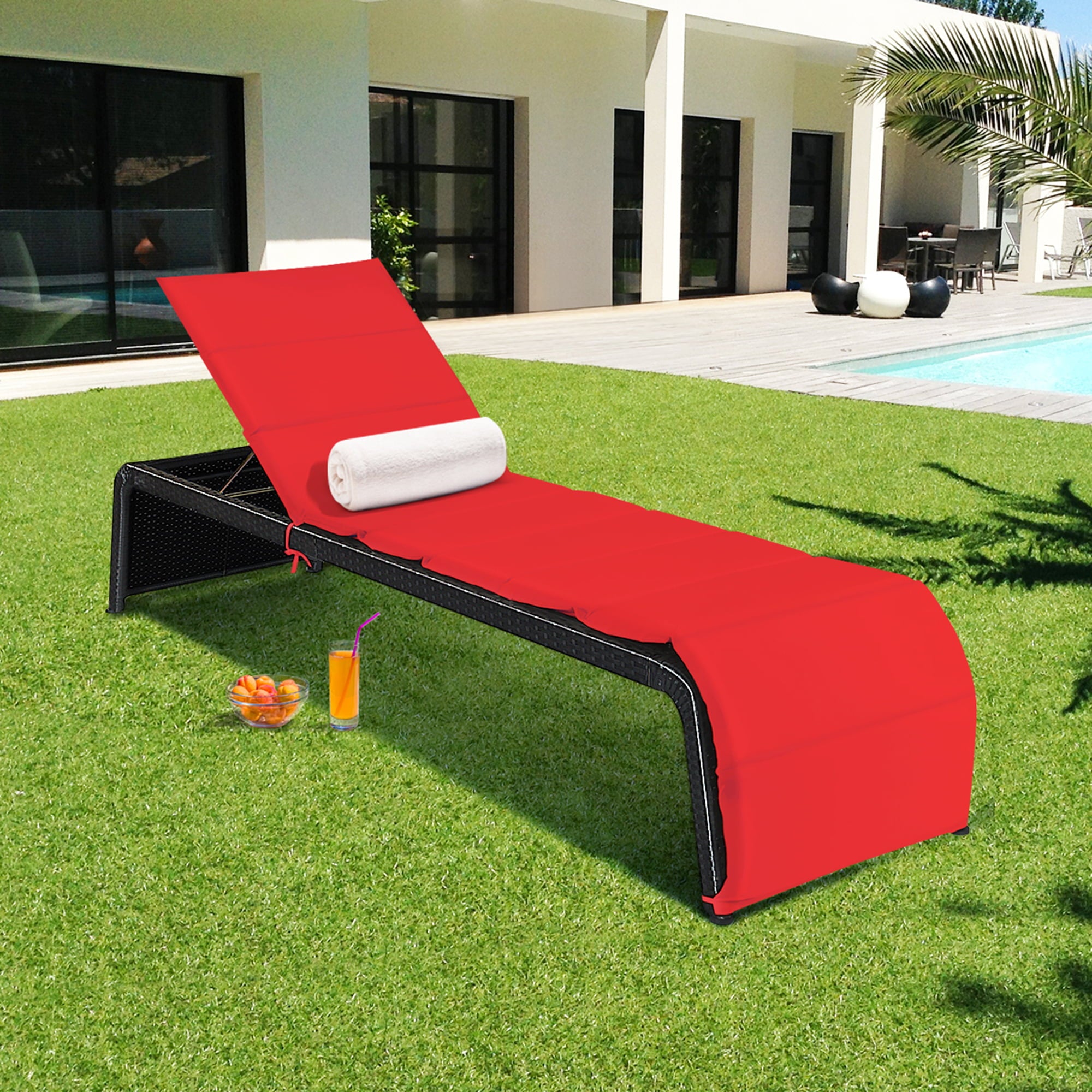 Gymax Set of 2 Adjustable Rattan Patio Recliner Chaise Lounge Chair w/ Red Cushion