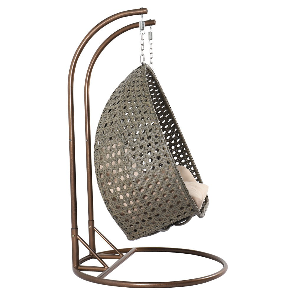 LeisureMod Beige Wicker Hanging 2 person Egg-Shaped Swing Chair, Beige
