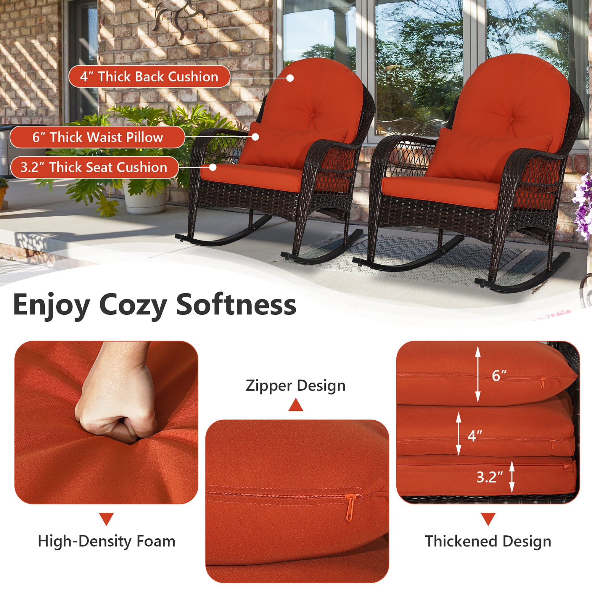 Costway Outdoor Patio Rattan Wicker Rocking Chair Rocker Cushion Pillow Garden Deck