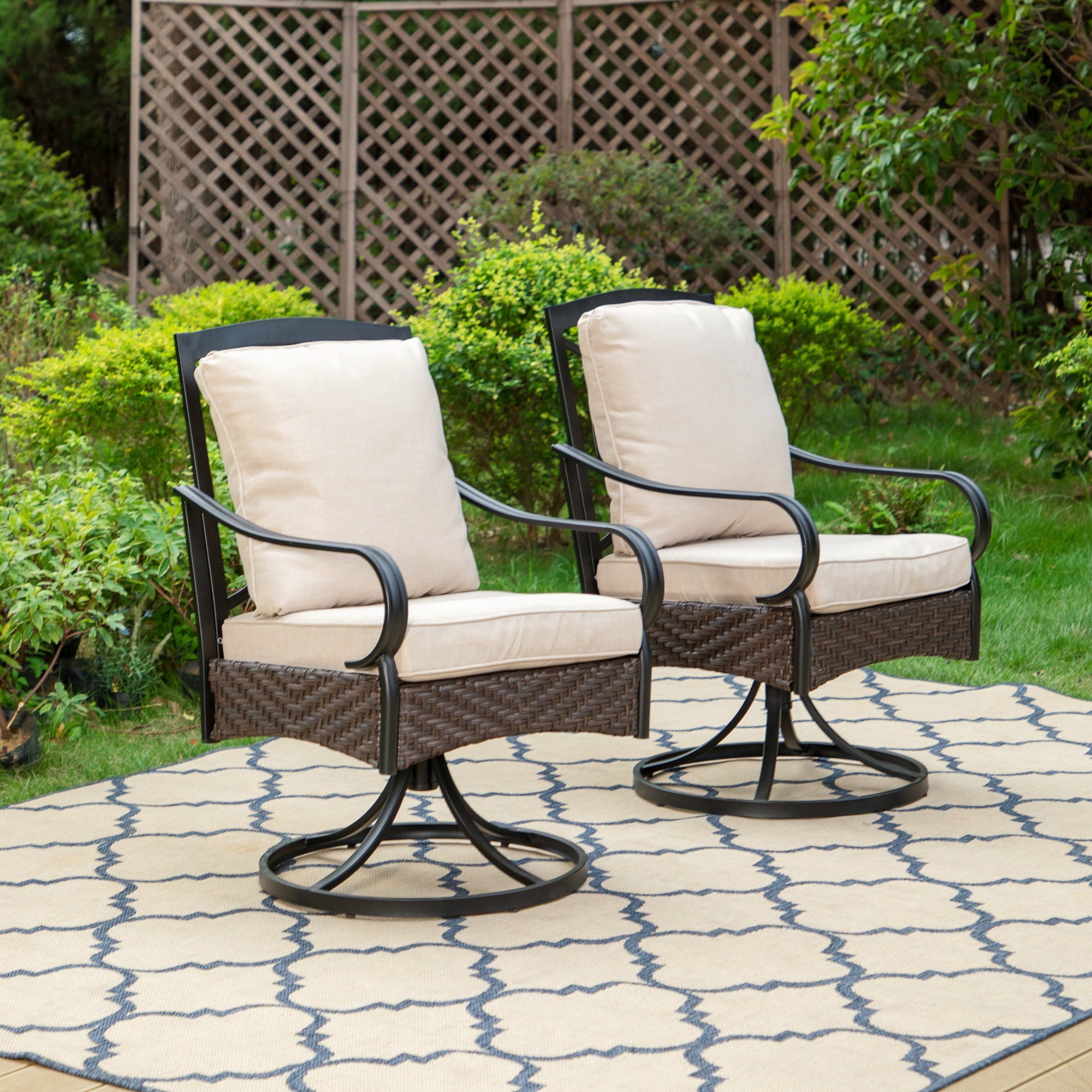 MF Studio Set of 2 Outdoor Swivel Rocker Club Patio Wicker Chairs with Cushions, Beige