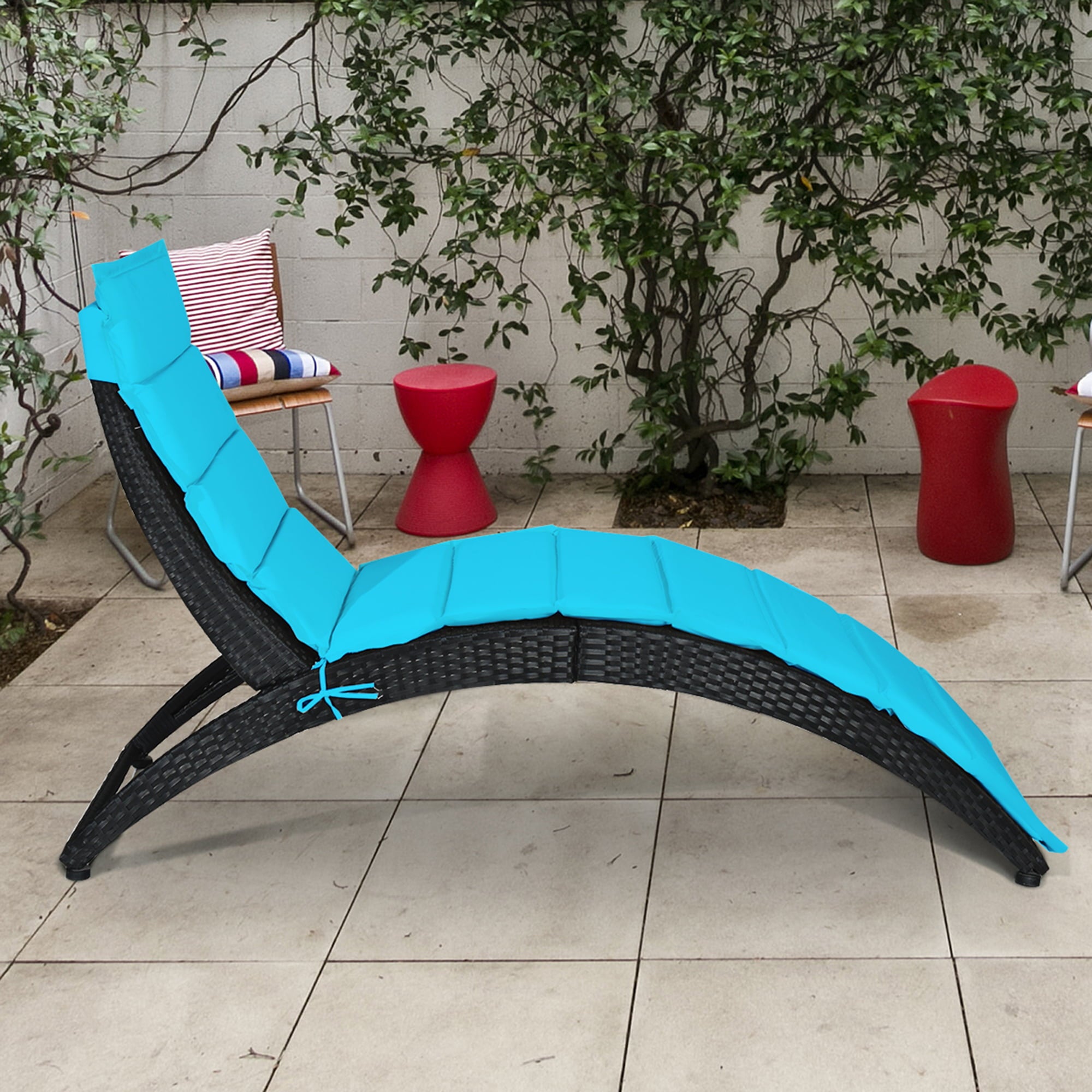 Gymax 2PCS Foldable Rattan Wicker Chaise Lounge Chair w/ Turquoise Cushion Patio Outdoor