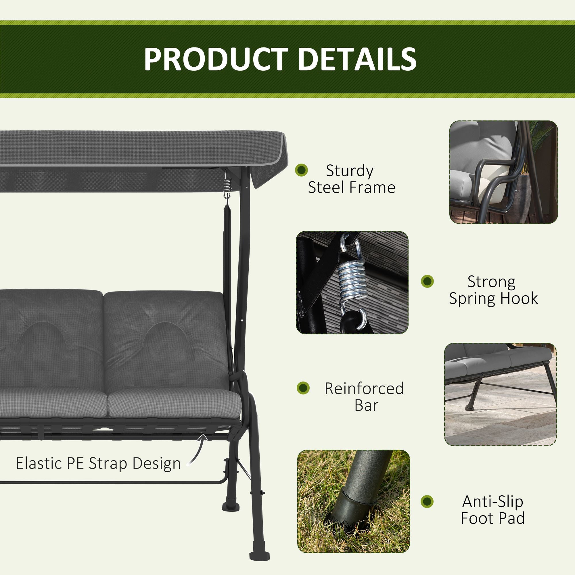 Outsunny 3-Seat Patio Swing Chair/Swing Glider with Adjustable Canopy, Removable Cushion