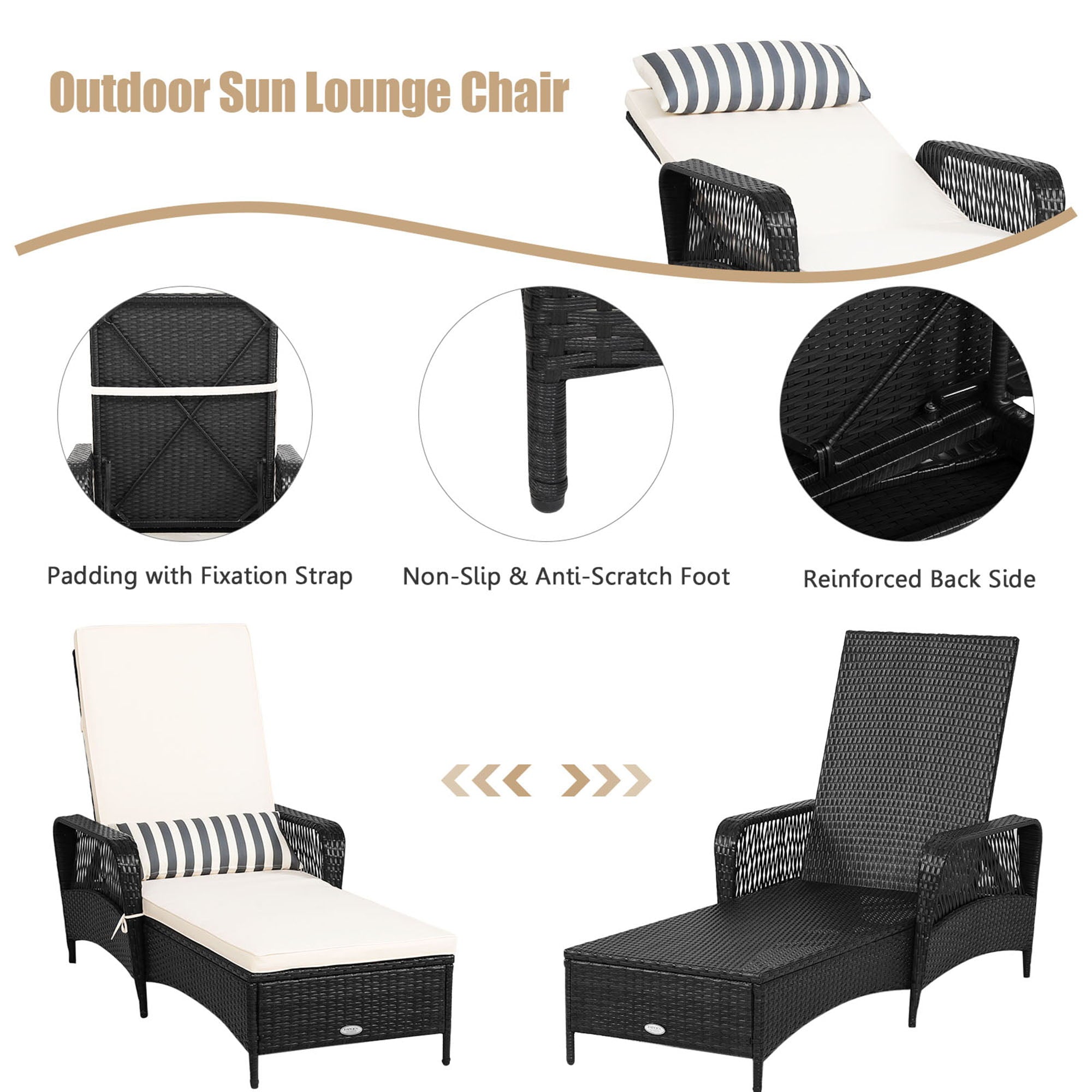 Gymax Set of 2 Adjustable Patio Rattan Lounge Chair Chaise Recliner w/ Cushion & Pillow