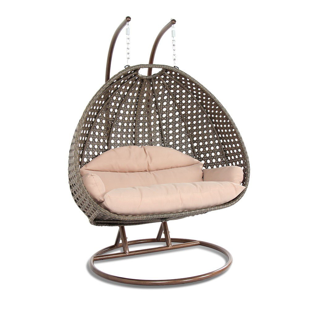 LeisureMod Beige Wicker Hanging 2 person Egg-Shaped Swing Chair, Beige