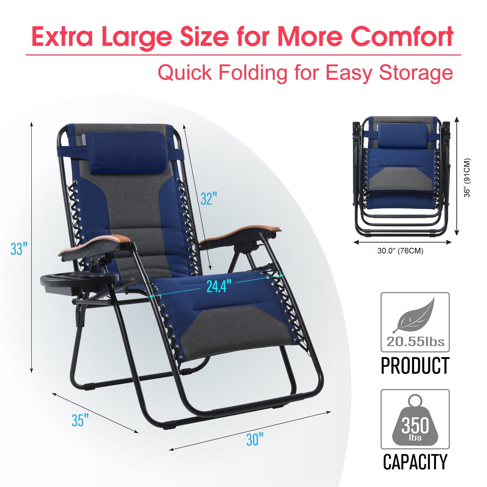 MF Studio Oversized Padded Zero Gravity Chair With Cup Holder, Blue