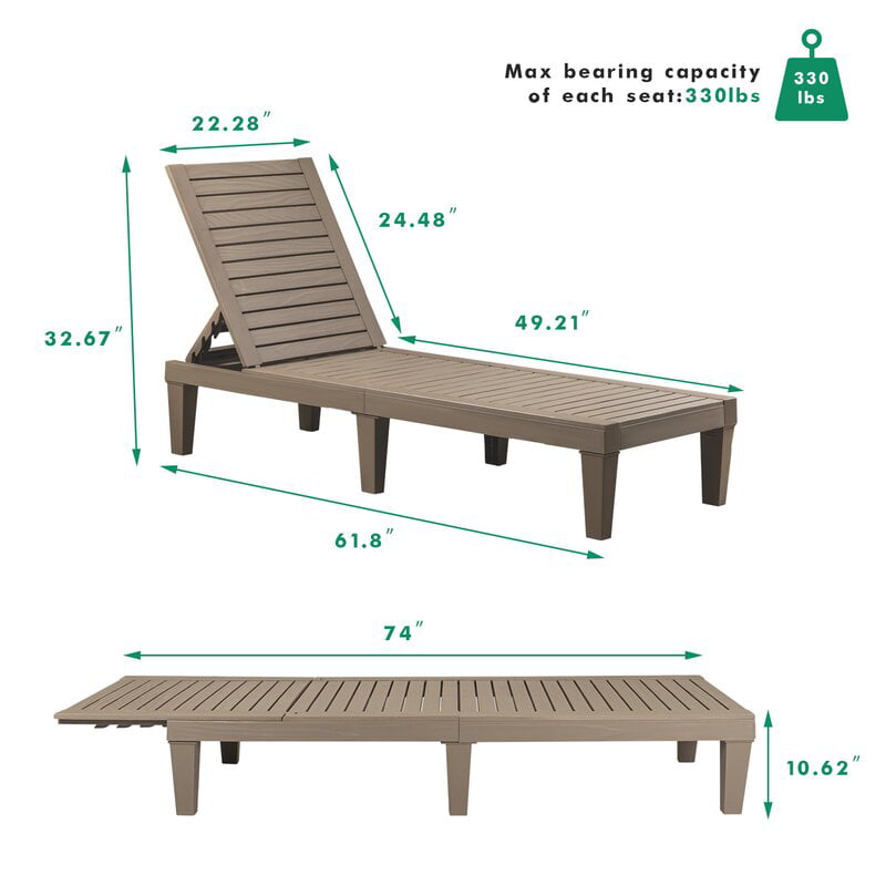 Devoko 2PCS Patio Lounge Chair Chaise Recliner Adjustable Backrest Outdoor&Indoor Gray