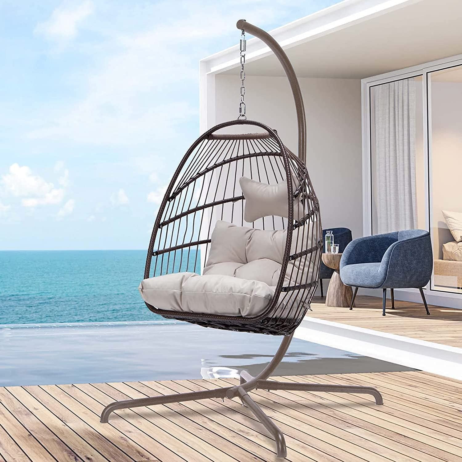 Nicesoul Foldable PE Wicker Brown Hanging Egg Chair With Stand, Cushion and Pillow