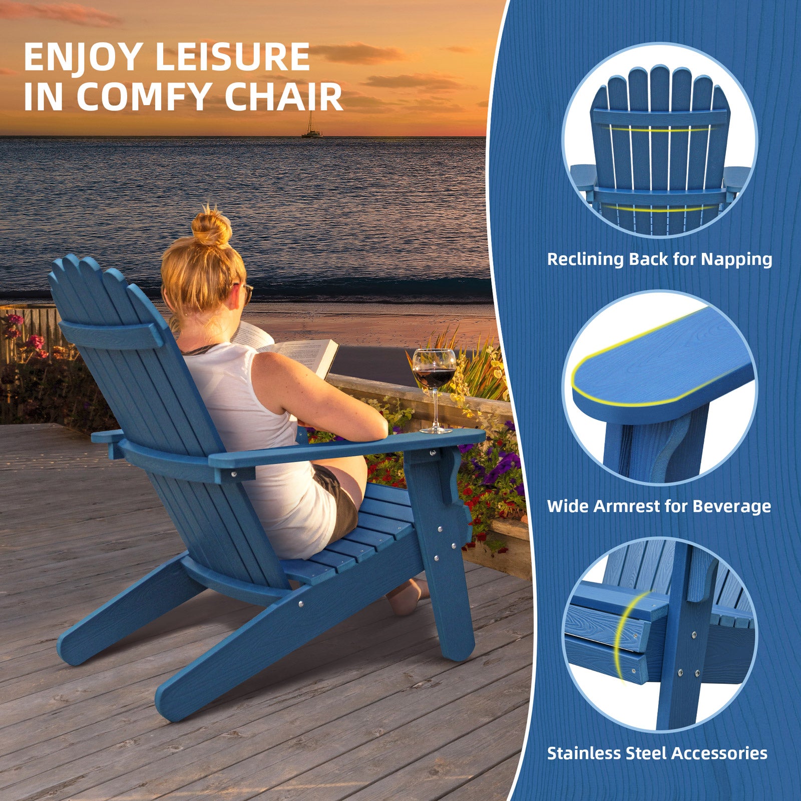 Yitahome Adirondack Chair Weather Resistant Wooden Patio,Navy Blue
