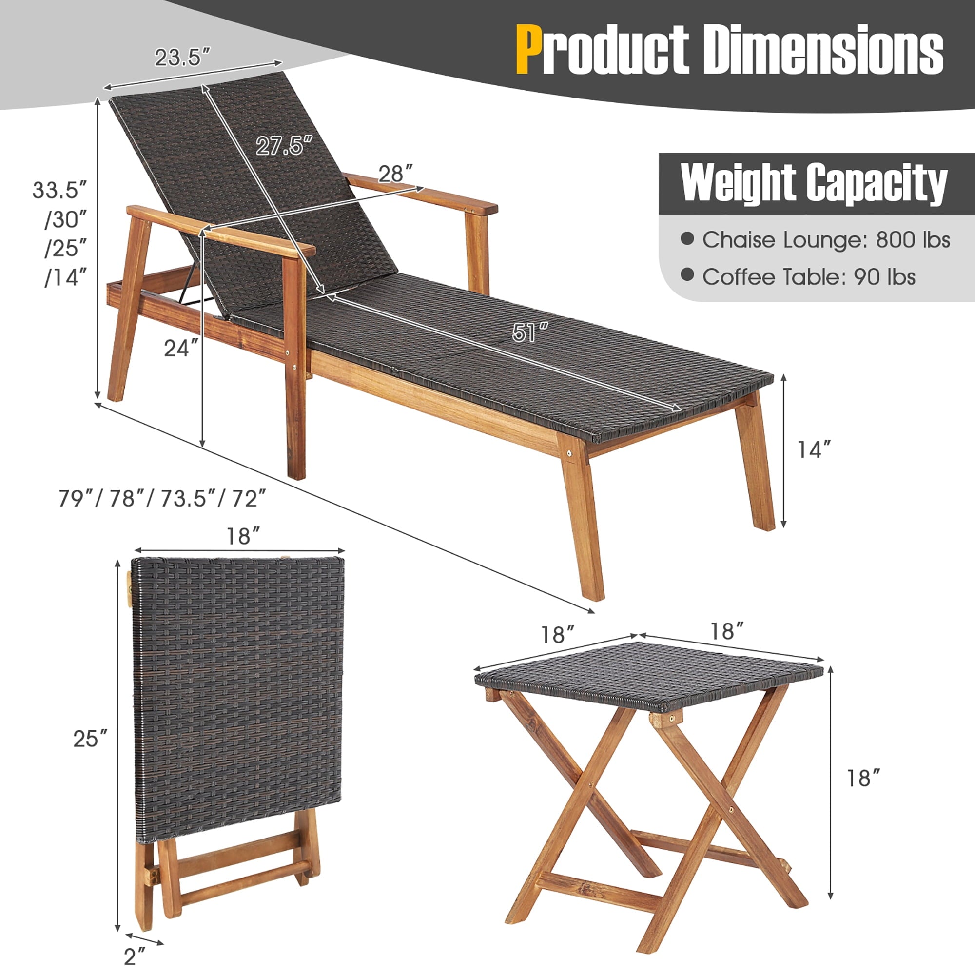 Gymax 3PCS Outdoor Chaise Lounge Set Patio Yard w/ Side Table Adjustable Backrest