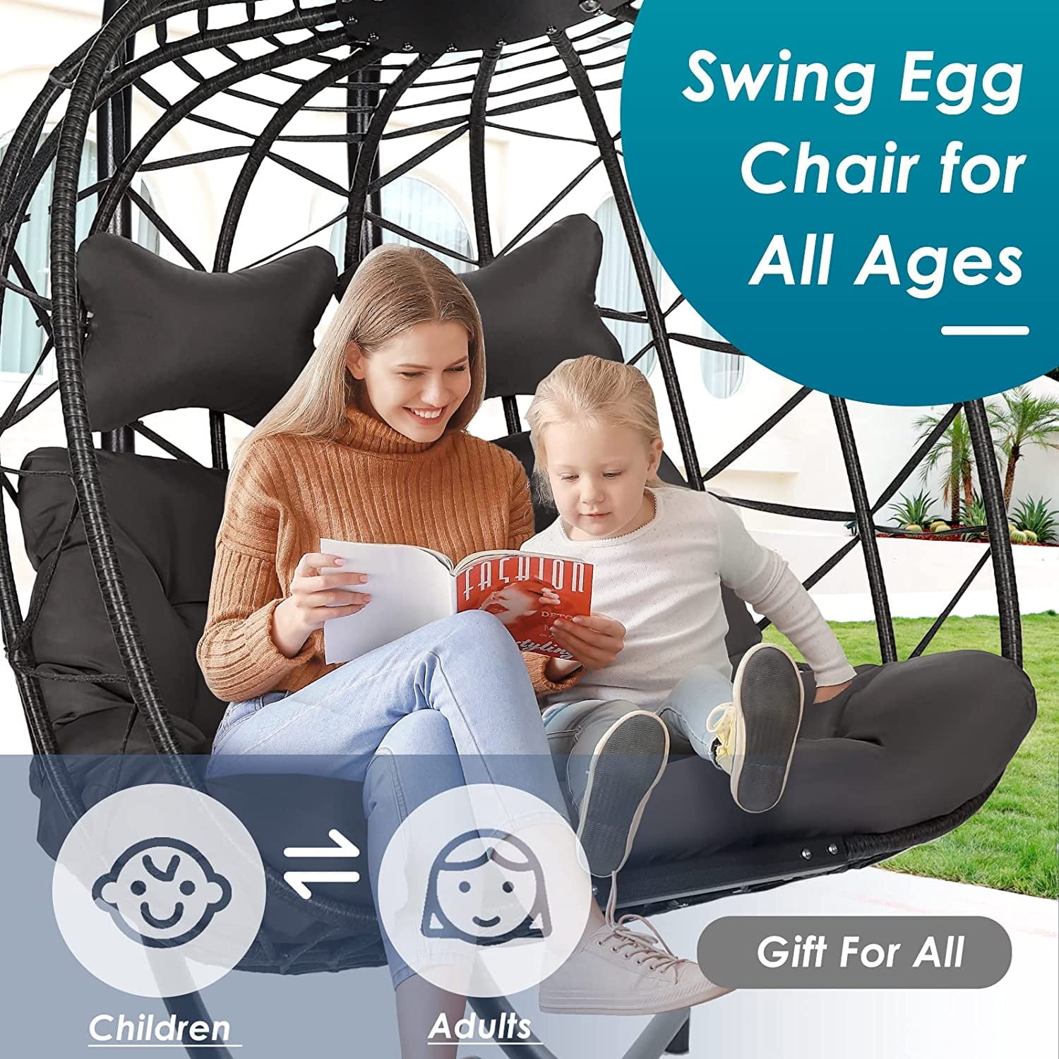 NICESOUL® Wicker Double Egg Chair with Cushions for 2 Person Outdoor, Maximum Weight 510 lbs, Gray