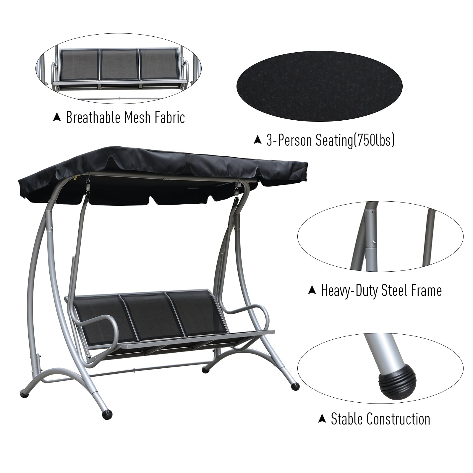 Outsunny 3 Person Patio Swing Chair with Adjustable Canopy, Black