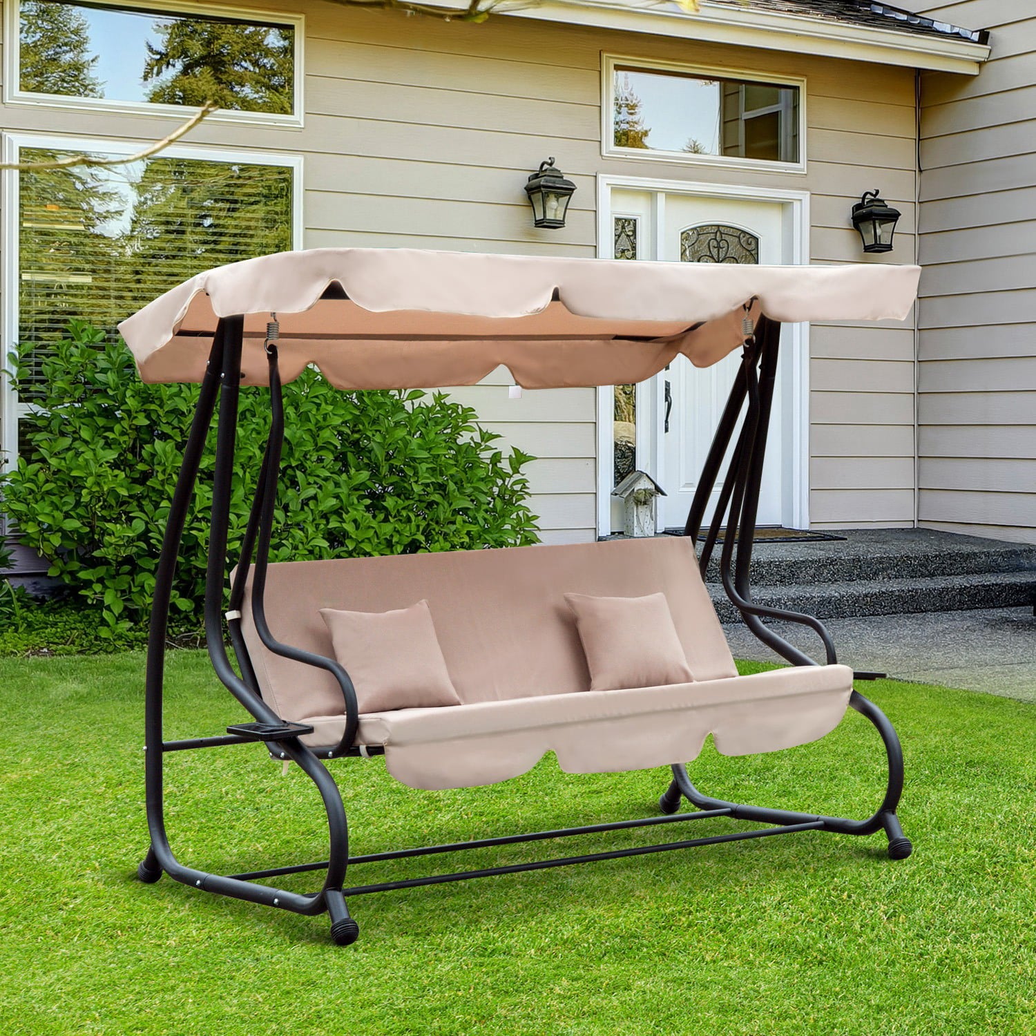 Outsunny 3-Seat Outdoor Patio Swing Chair, Converting Flatbed, with Adjustable Canopy, Removable Cushion and Pillows