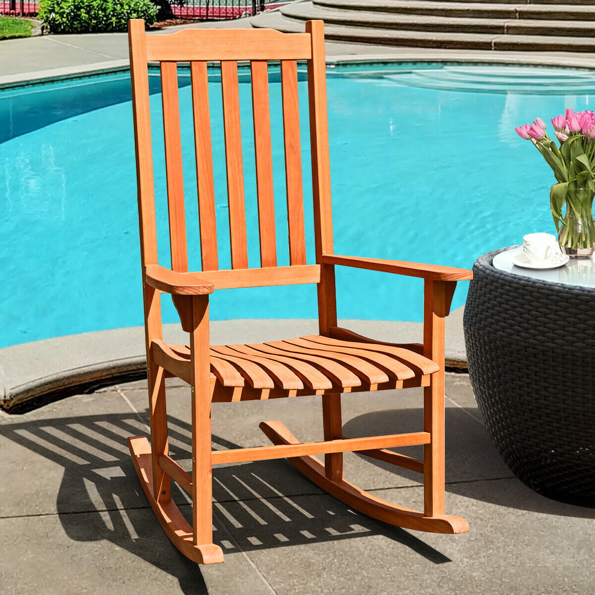 Gymax Outdoor Eucalyptus Rocking Chair Single Rocker for Patio Deck Garden Natural