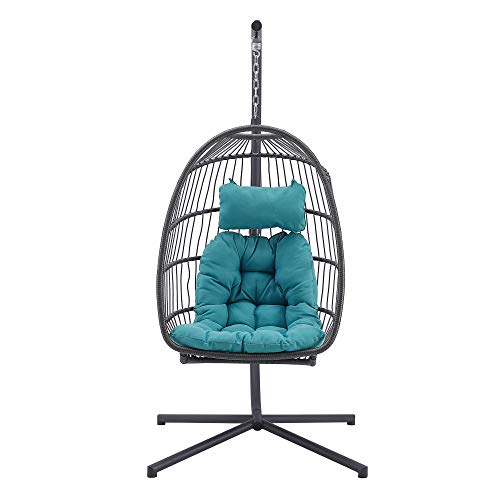Walker Edison Carmel Modern Rattan Hanging Egg Swing Chair with Stand, 78 Inch, Grey and Teal