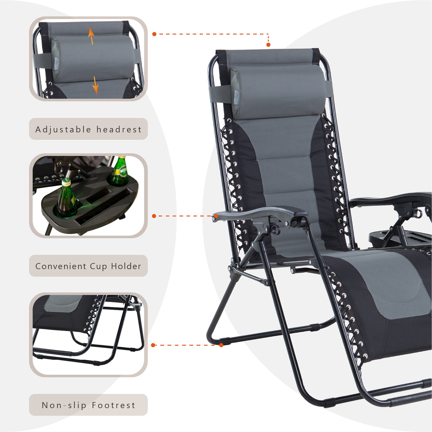 MF Studio Padded Zero Gravity Chair Outdoor Patio Recliner with Adjustable Headrest and Cup Holder, Grey