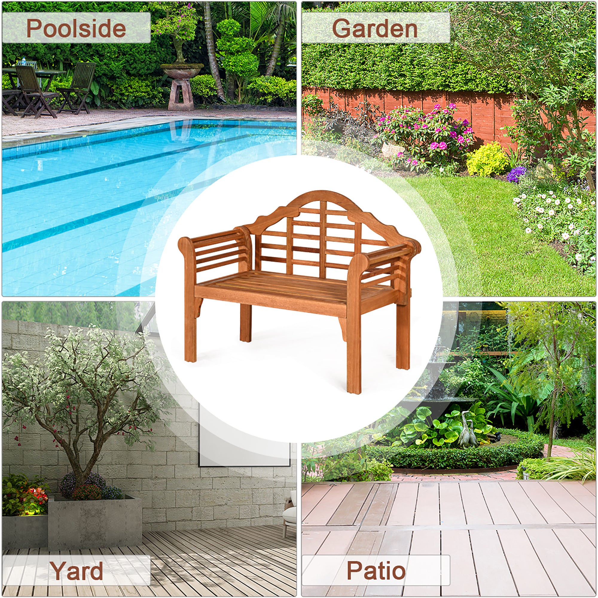 Costway 49'' Outdoor Folding Bench Eucalyptus Wood Backrest Armrest Patio Garden