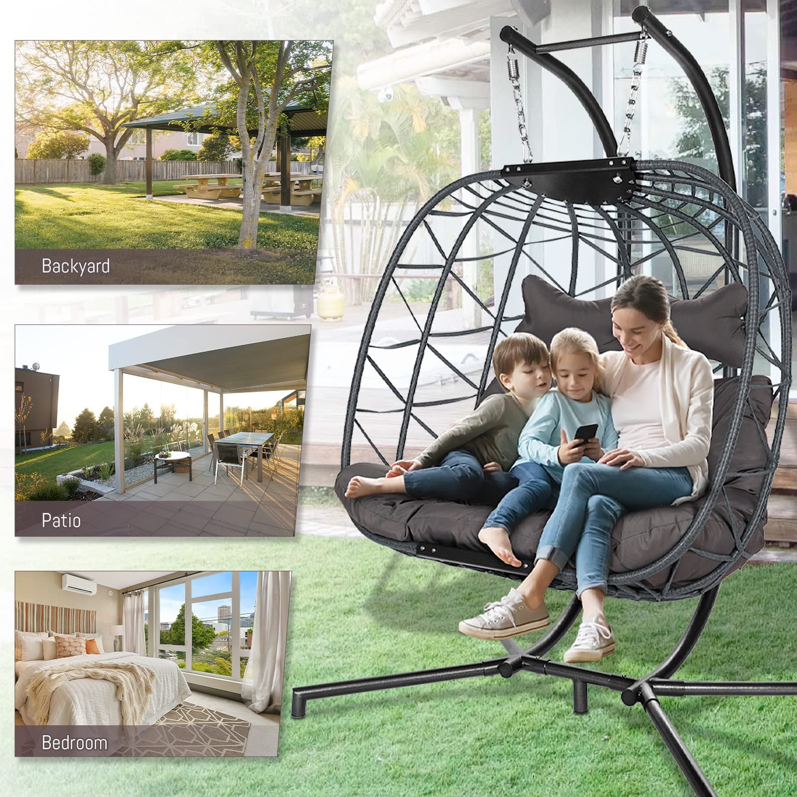 NICESOUL® Wicker Double Egg Chair with Cushions for 2 Person Outdoor, Maximum Weight 510 lbs, Gray