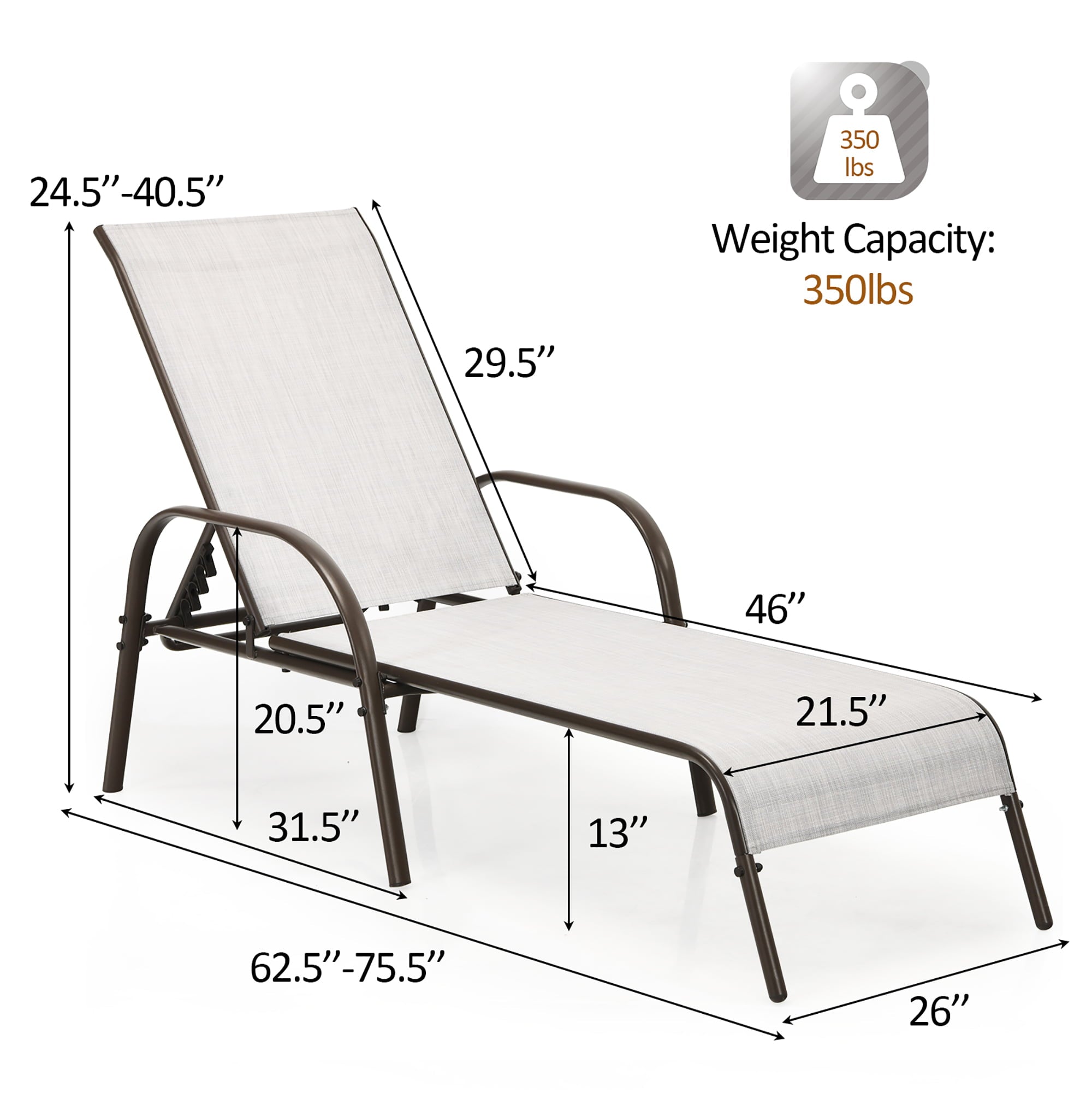 Costway 2PCS Patio Lounge Chair Chaise Adjustable Reclining Armrest Gray