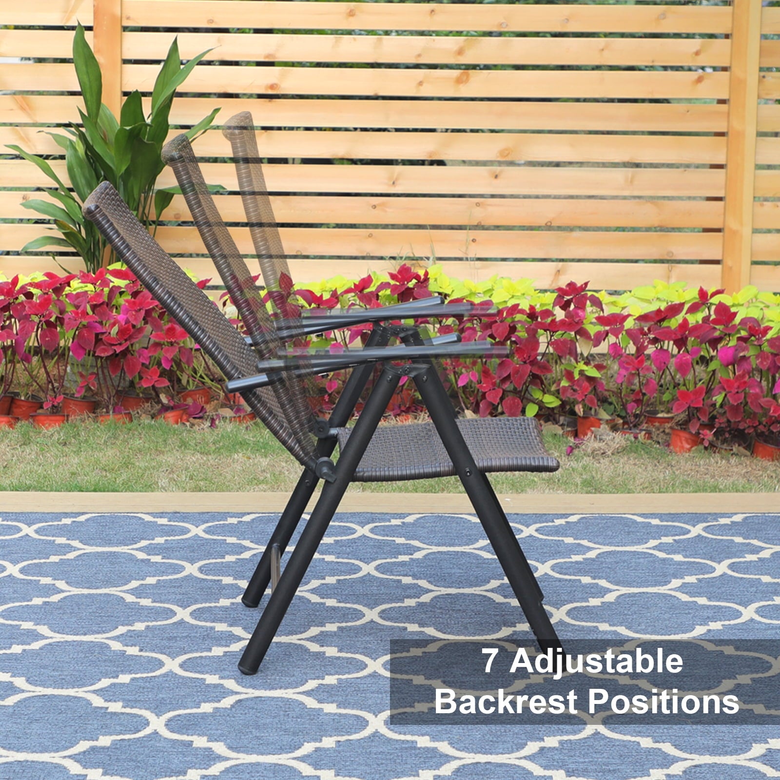 MF Studio Set of 2 Outdoor Patio Folding Chairs 7-level Adjustable Rattan Recliner, Dark Brown&Black