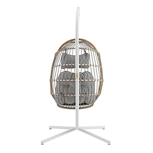 Walker Edison Carmel Modern Rattan Hanging Egg Swing Chair with Stand, 78 Inch, Brown and Grey