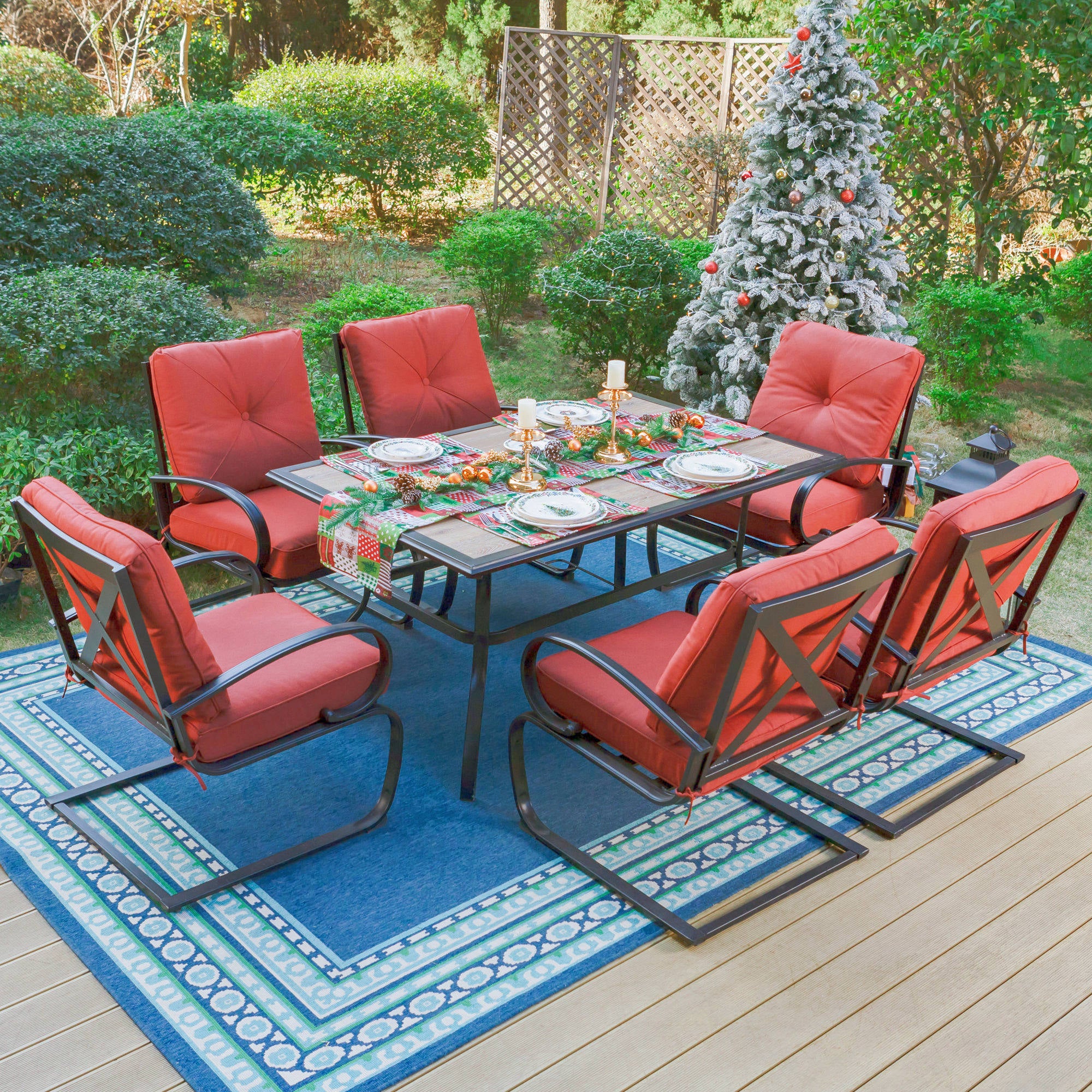 MF Studio Set of 2 Outdoor Dining Chairs, C-shape Steel Frame with Cushions, Black&Red