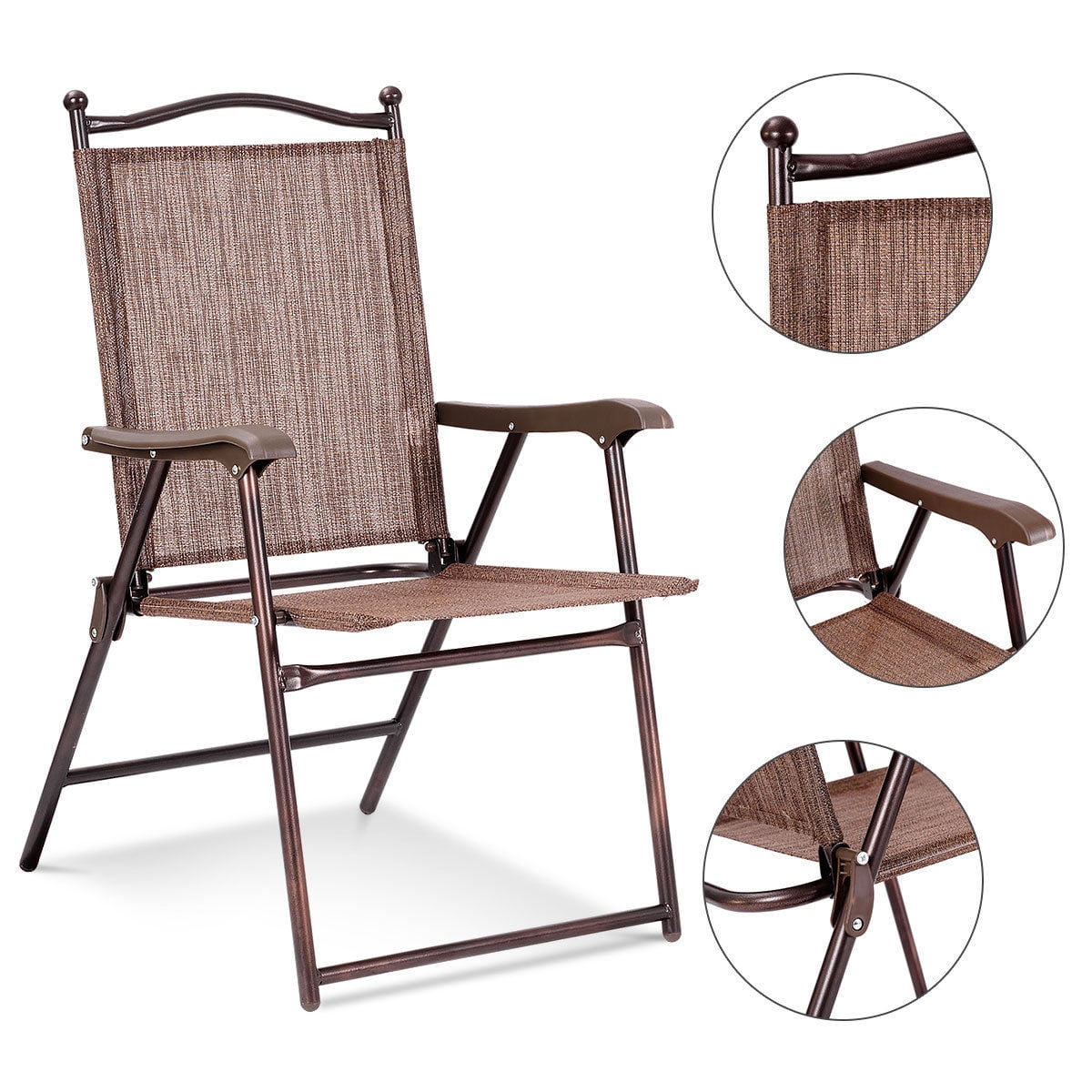 Gymax Set of 2 Folding Patio Furniture Sling Back Chairs Outdoors brown