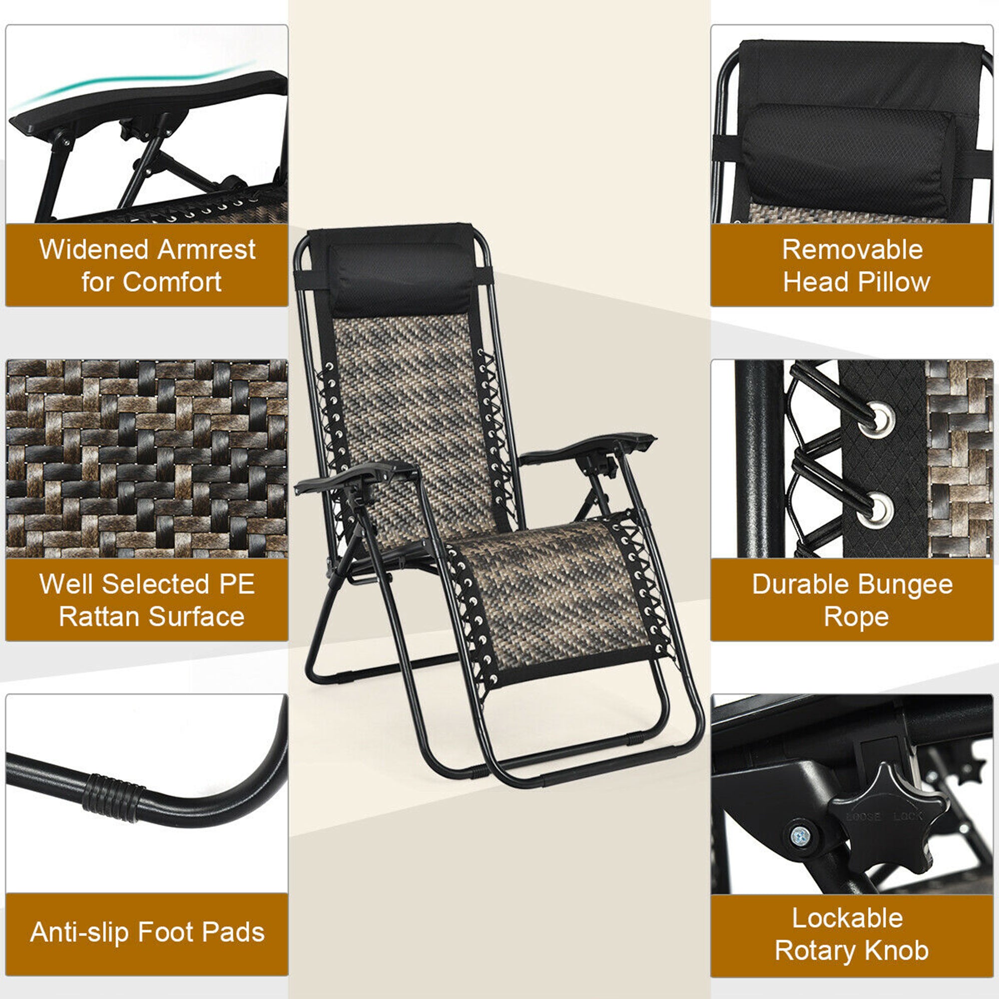 Gymax Folding Rattan Patio Zero Gravity Lounge Chair Recliner with Headrest