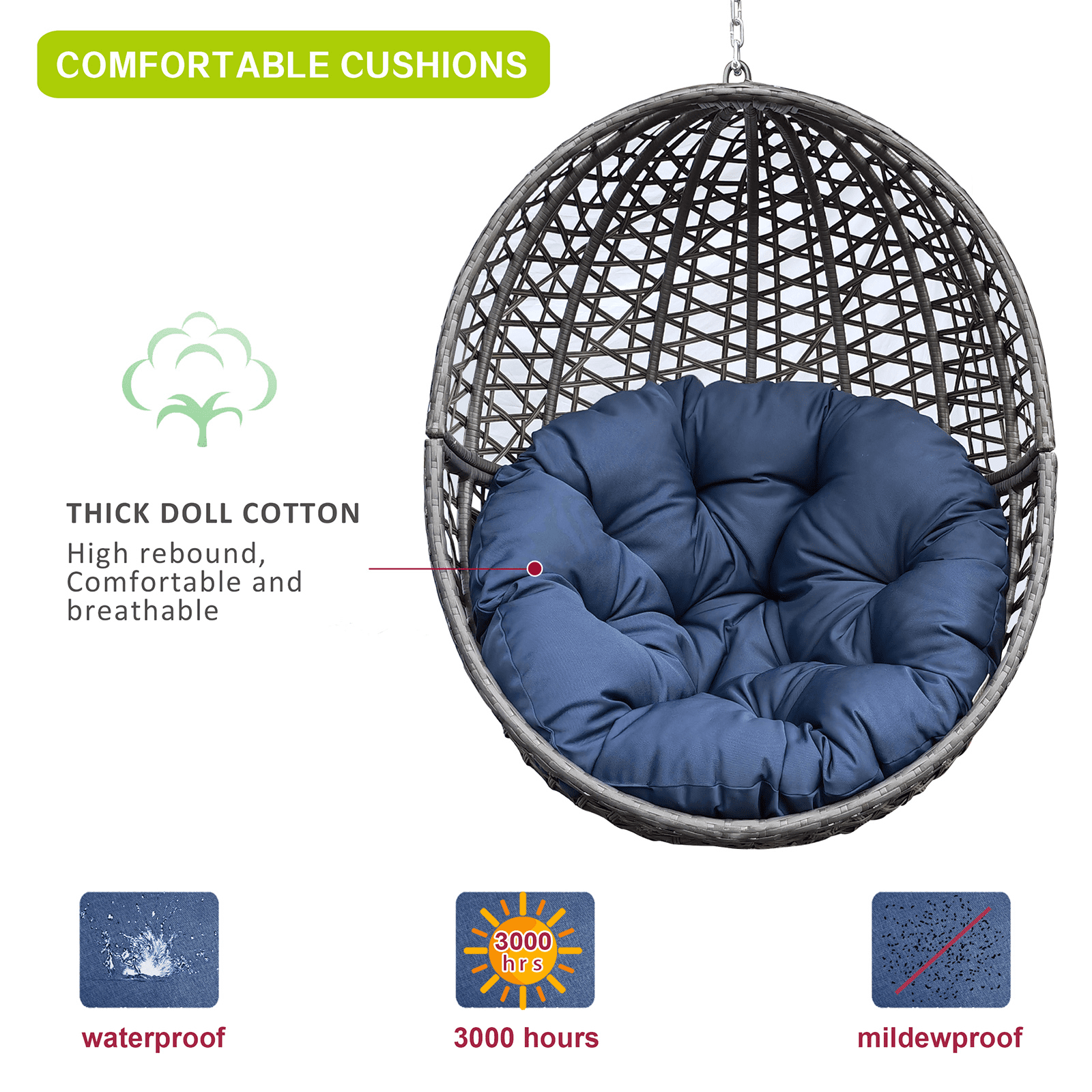 Arttoreal Patio Wicker Basket Swing/Hanging Egg Chair with Waterproof Cushion