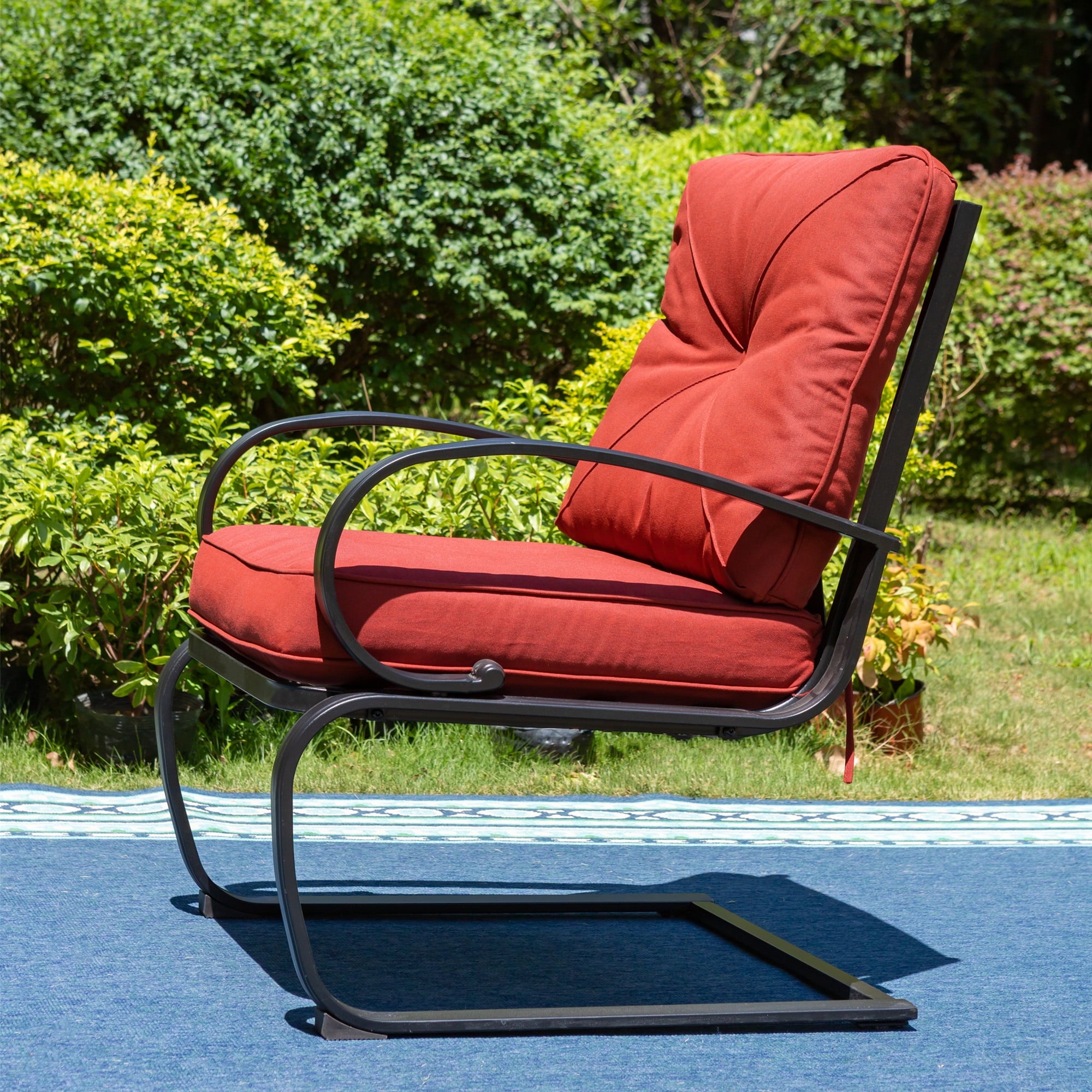 MF Studio Set of 2 Outdoor Dining Chairs, C-shape Steel Frame with Cushions, Black&Red