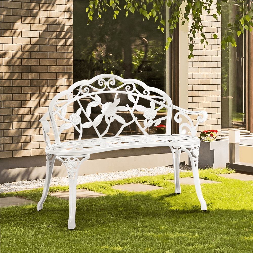 Smile Mart Outdoor Antique Metal Bench for Patio Park Garden, White