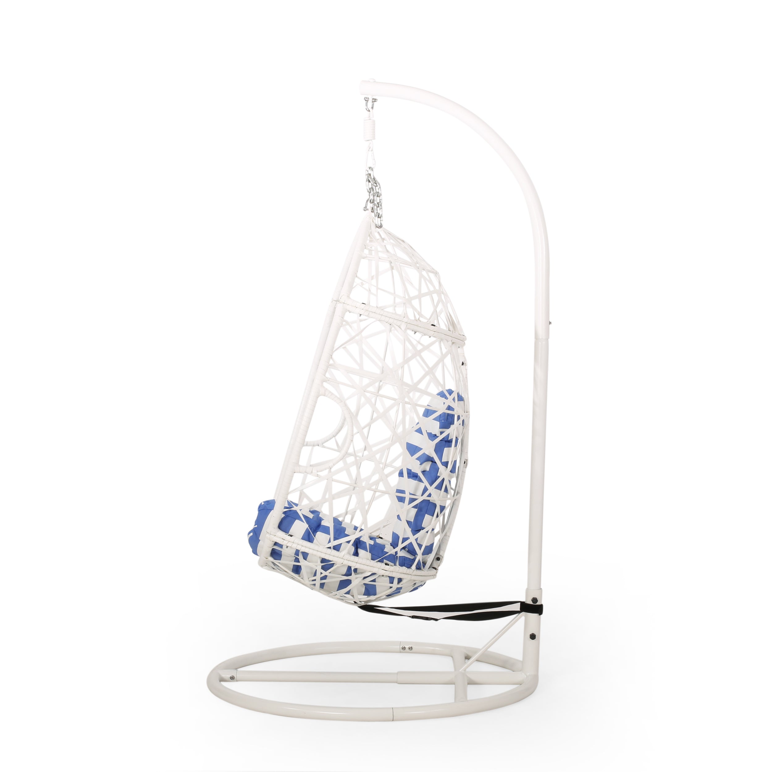 Berkley Outdoor Wicker Tear Drop Hanging Chair, White and Blue