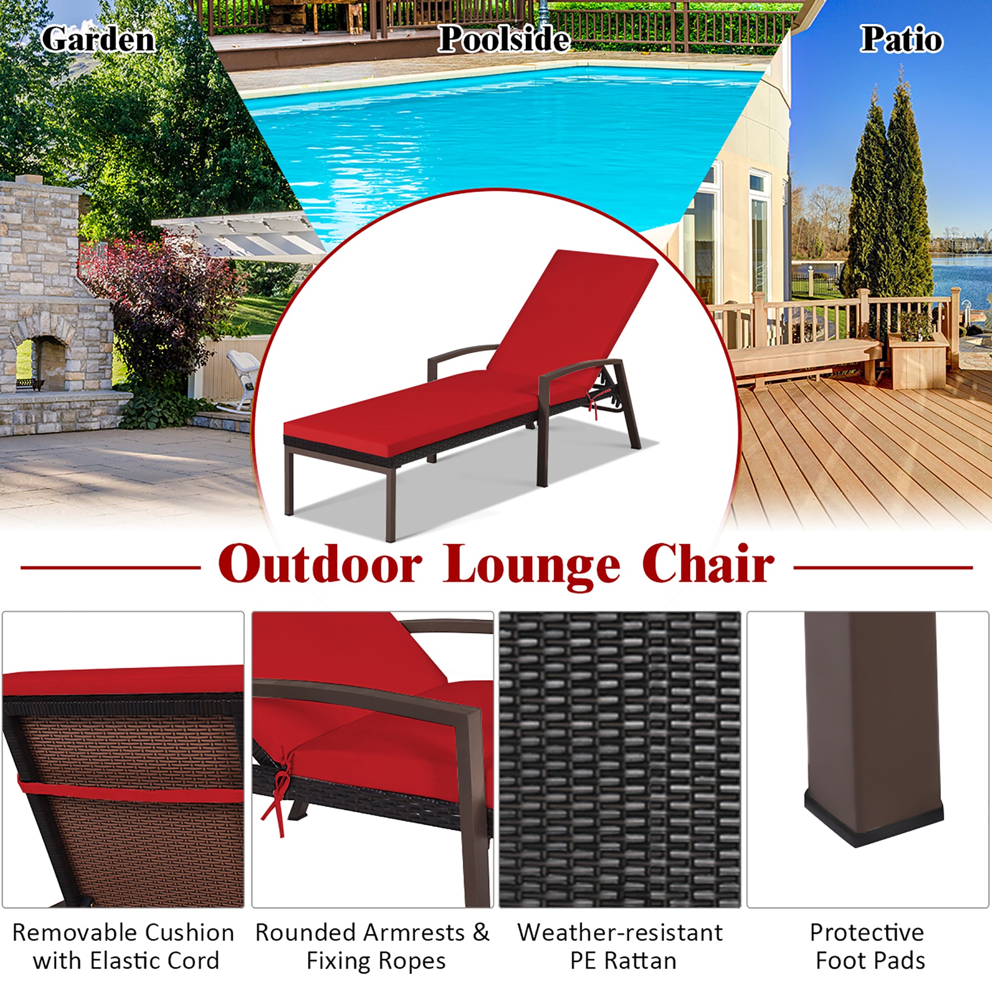 Costway 2PCS Patio Rattan Lounge Chair Chaise Recliner Back Adjustable Cushioned Red