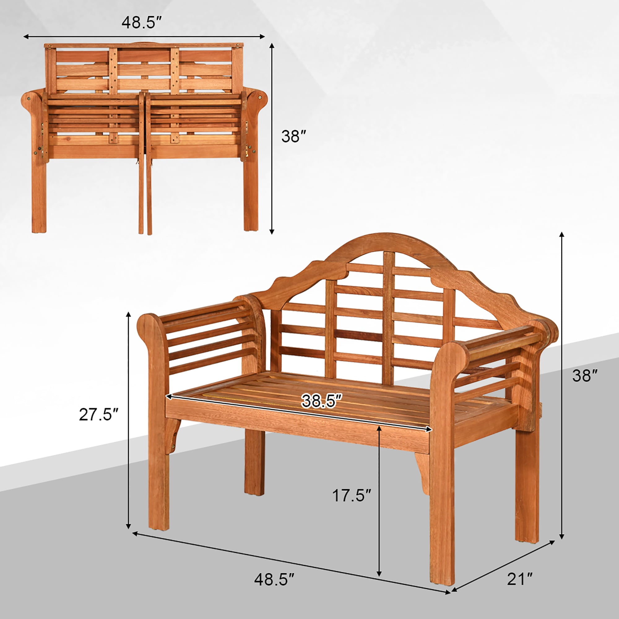 Costway 49'' Outdoor Folding Bench Eucalyptus Wood Backrest Armrest Patio Garden