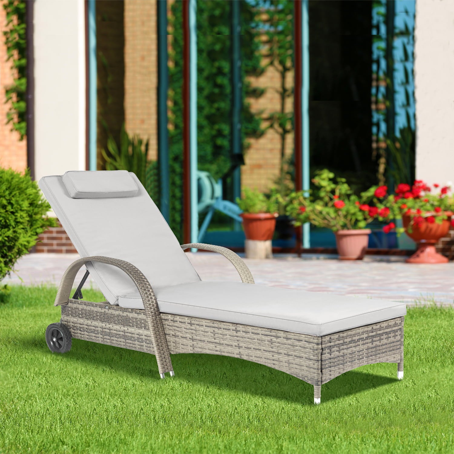 Chaise Lounge Outdoor Patio Wicker Pool Chaise Lounge Chair for Outside Recliner Grey