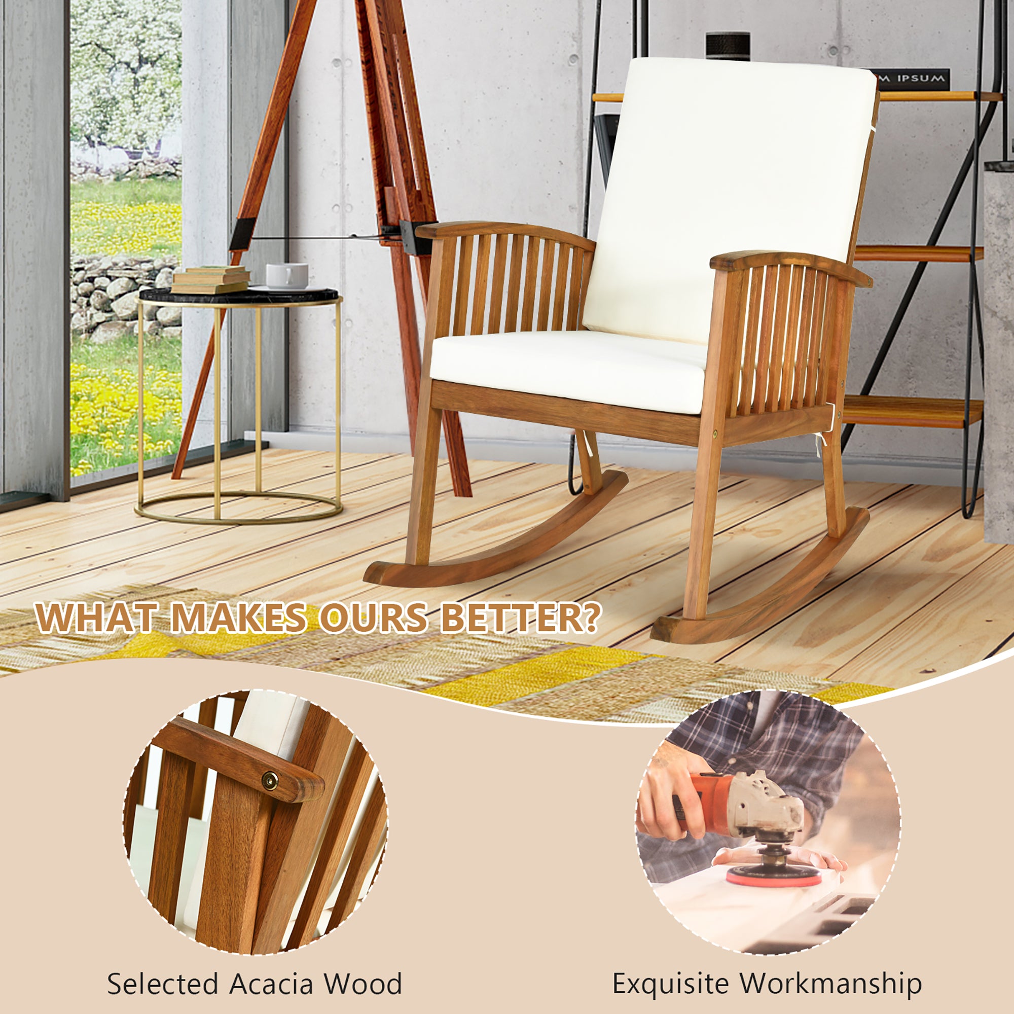 Gymax Patio Wooden Rocking Chair Lawn Garden Outdoor w/ Armrest Cushion
