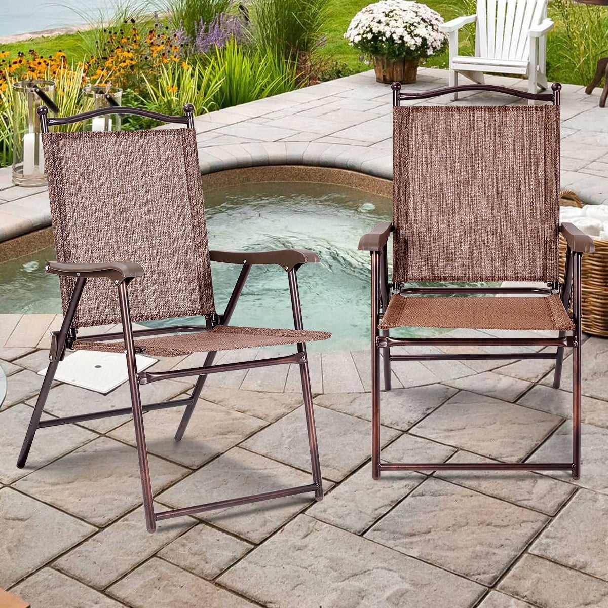 Gymax Set of 2 Folding Patio Furniture Sling Back Chairs Outdoors brown
