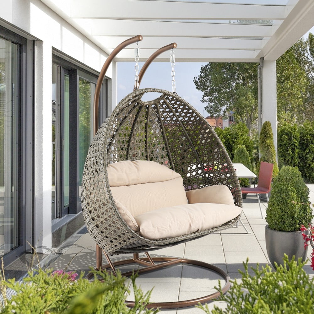 LeisureMod Beige Wicker Hanging 2 person Egg-Shaped Swing Chair, Beige