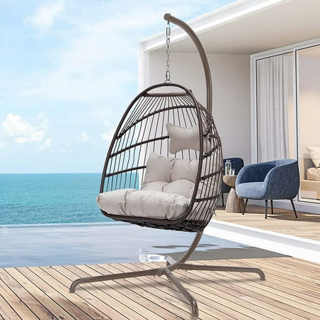 Nicesoul Foldable PE Wicker Brown Hanging Egg Chair Capacity 350lbs