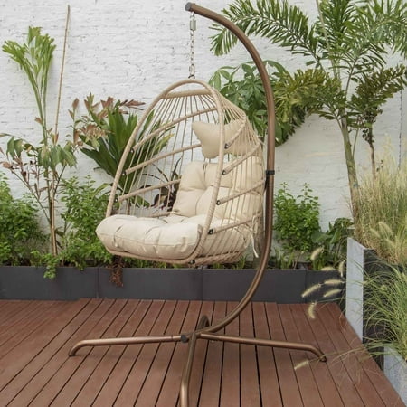 Nicesoul Rattan Swing Egg Chair Hanging Chair with Stand Beige 350 lbs Capacity Metal Frame
