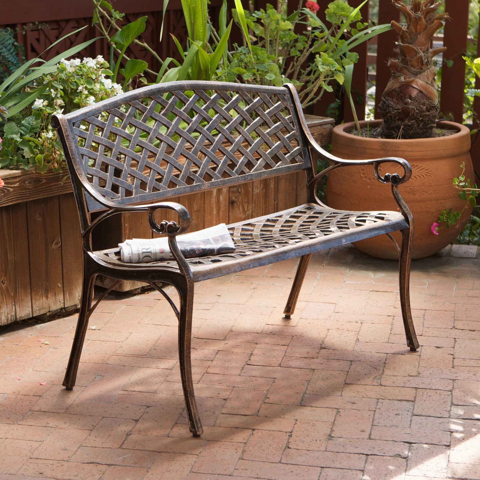 Cast Aluminum Antique Copper Arched Back Garden Bench