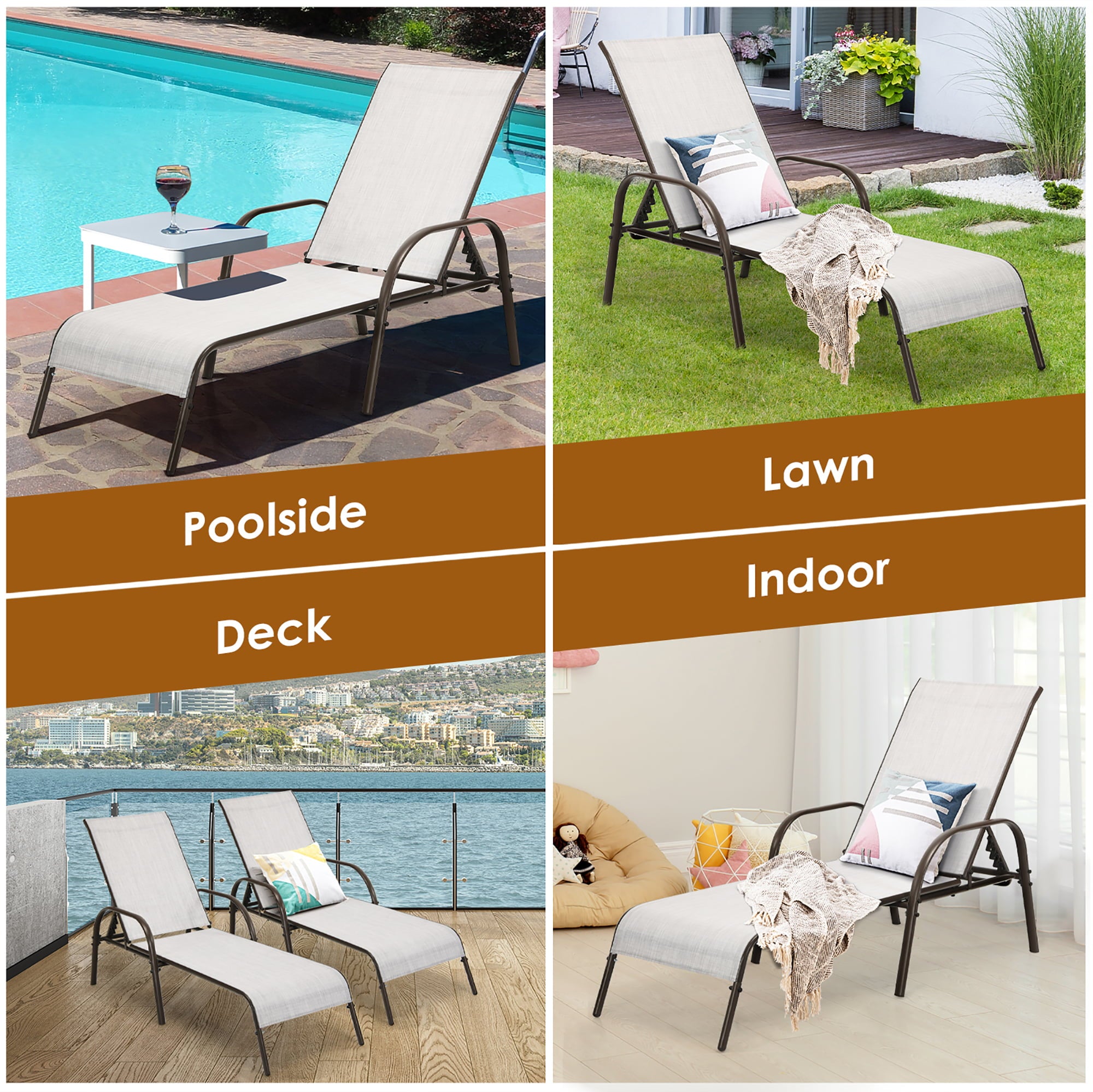 Costway 2PCS Patio Lounge Chair Chaise Adjustable Reclining Armrest Gray
