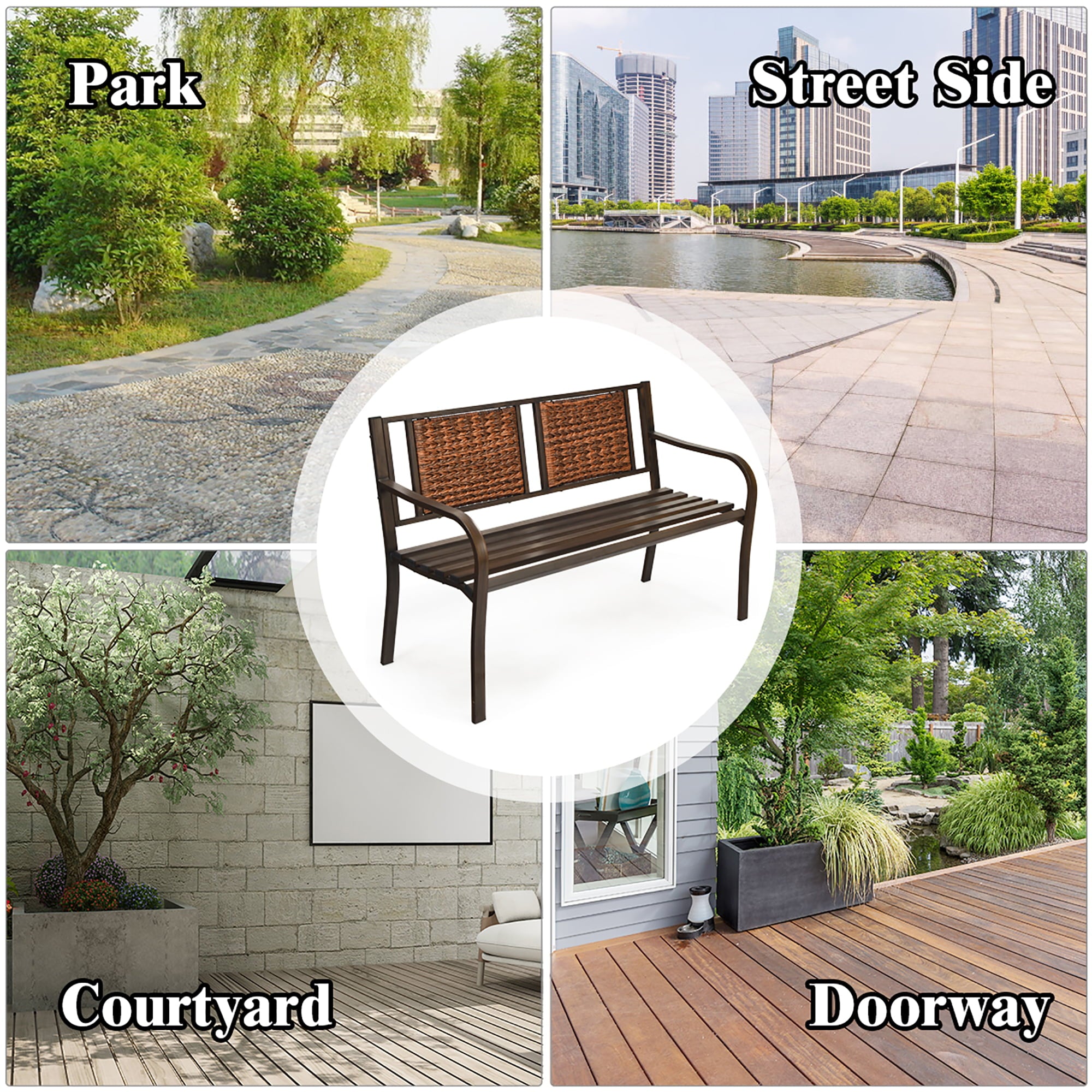 Costway Patio Garden Bench Steel Frame Rattan Backrest Park Yard Outdoor Porch Furniture