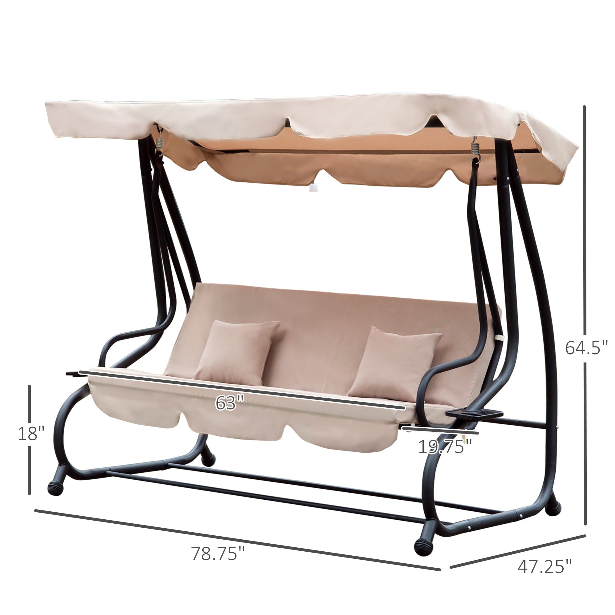 Outsunny 3-Seat Outdoor Patio Swing Chair, Converting Flatbed, with Adjustable Canopy, Removable Cushion and Pillows