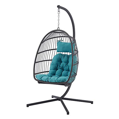 Walker Edison Carmel Modern Rattan Hanging Egg Swing Chair with Stand, 78 Inch, Grey and Teal